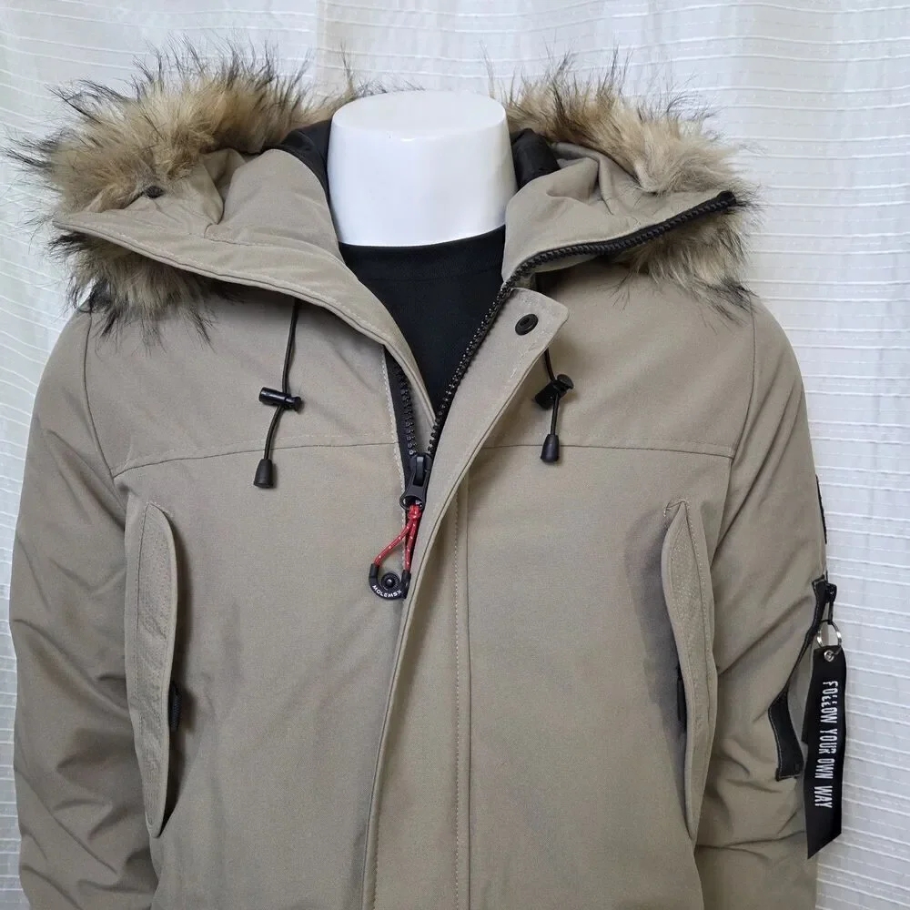 Molemsx Mountain Pioneers Parka Omni Heat Puffer Faux Fur Trim Tan Men's S/M - Picture 15 of 16
